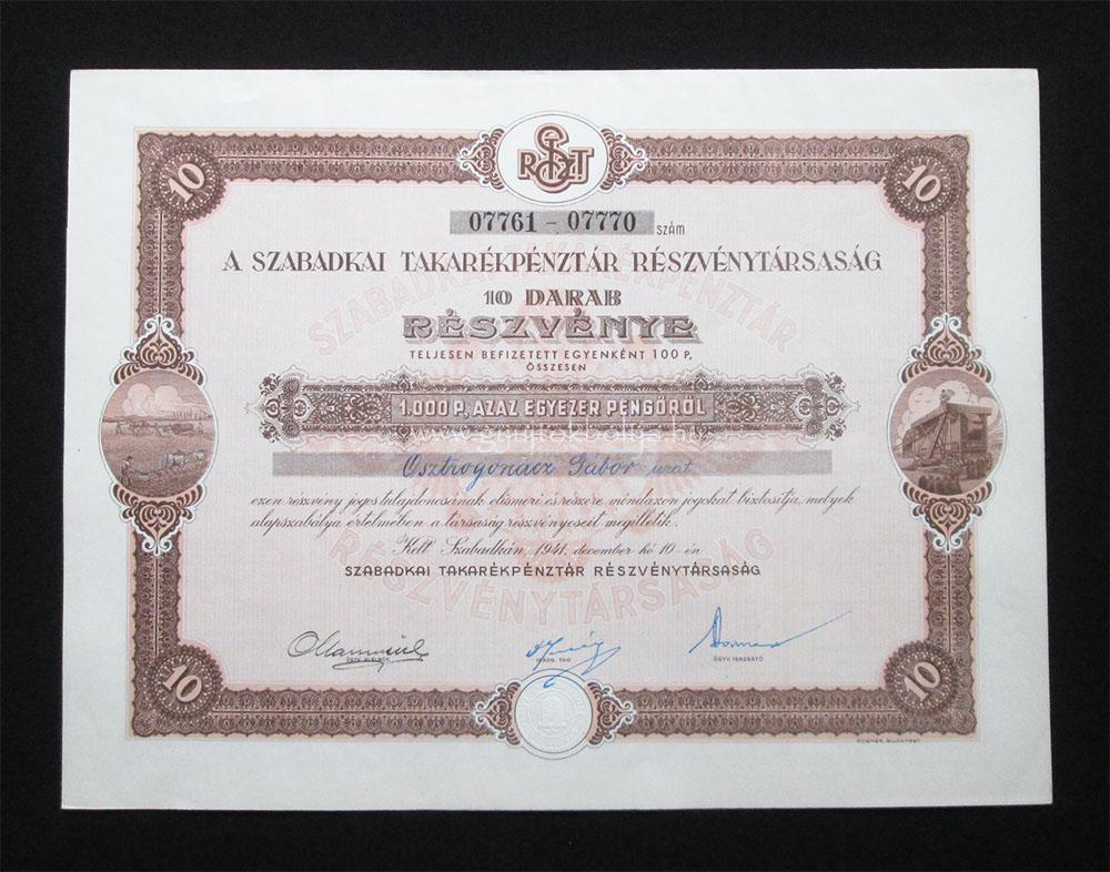 Szabadkai Takarékpénztár részvény 10x100 pengõ 1941 (SRB)